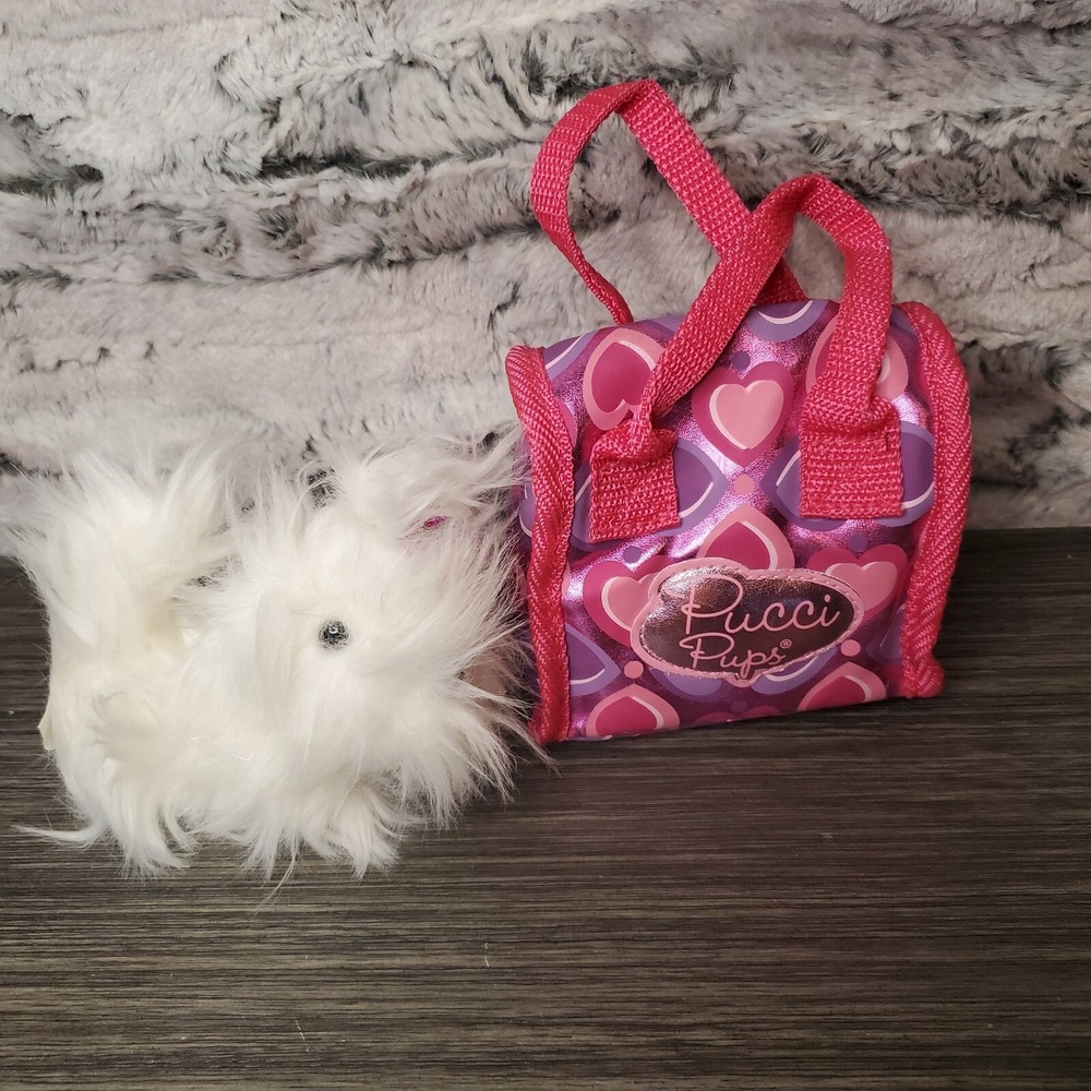 Battat‎ White Fuzzy Puppy Dog With Pony Tail And Pink Pet Holder Carrying Case